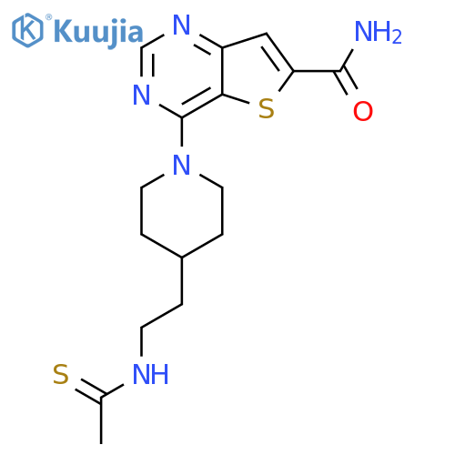 4-[4-[2-(Ethanethioylamino)ethyl]piperidin-1-yl]thieno[3,2-d]pyrimidine-6-carboxamide structure
