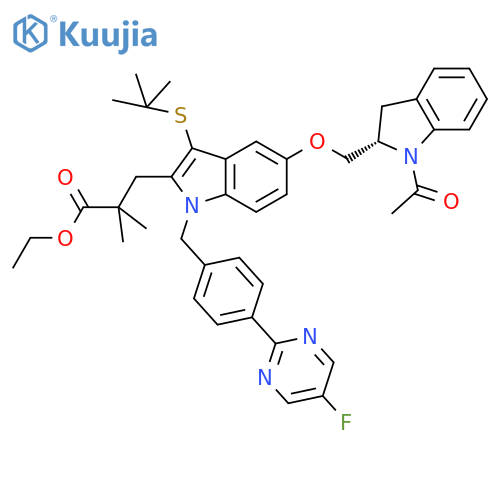 (S)-ethyl 3-(5-((1-acetylindolin-2-yl)methoxy)-3-(tert-butylthio)-1-(4-(5-fluoropyrimidin-2-yl)benzyl)-1H-indol-2-yl)-2,2-dimethylpropanoate structure