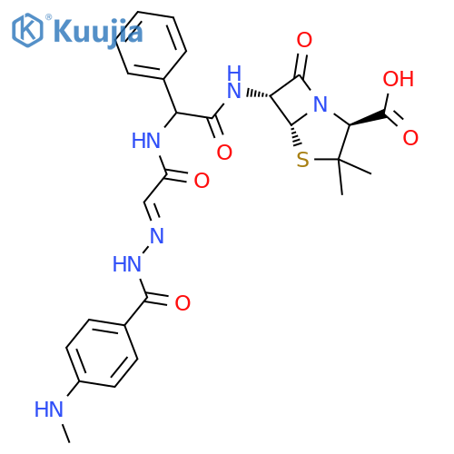 4-Thia-1-azabicyclo[3.2.0]heptane-2-carboxylicacid,3,3-dimethyl-6-[[[[[[4-(methylamino)benzoyl]hydrazono]acetyl]amino]phenylacetyl]amino]-7-oxo-,[2S-[2a,5a,6b(S*)]]- (9CI) structure