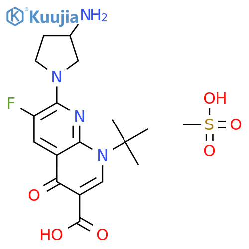 7-[(3S)-3-aminopyrrolidin-1-yl]-1-tert-butyl-6-fluoro-4-oxo-1,4-dihydro-1,8-naphthyridine-3-carboxylic acid methanesulfonate structure