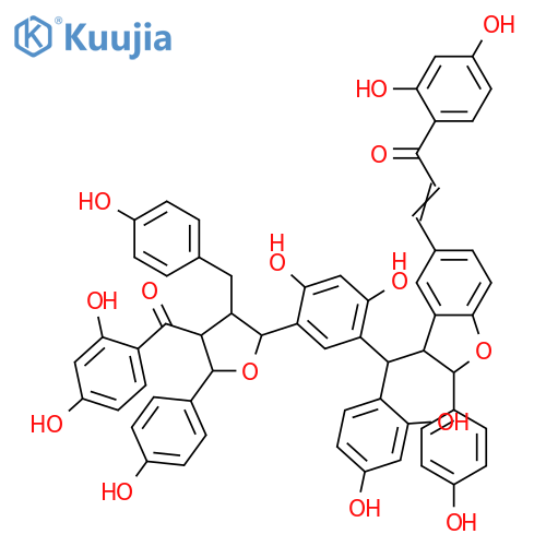 2-Propen-1-one, 3-[(2R,3R)-3-[(R)-[5-[(2R,3R,4R,5R)-4-(2,4-dihydroxybenzoyl)tetrahydro-5-(4-hydroxyphenyl)-3-[(4-hydroxyphenyl)methyl]-2-furanyl]-2,4-dihydroxyphenyl](2,4-dihydroxyphenyl)methyl]-2,3-dihydro-2-(4-hydroxyphenyl)-5-benzofuranyl]-1-(2,4-dihydroxyphenyl)-, (2E)-rel-(+)- structure