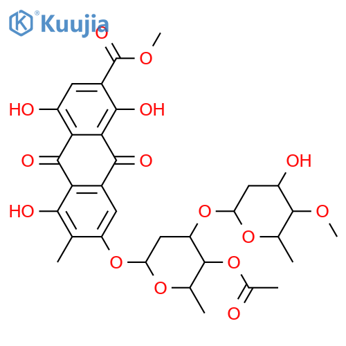 4,5,7-Trihydroxy-6-methylanthraquinone-2-carboxylic acid; 1-Hydroxy, Me ester, 7-O-[2,6-dideoxy-4-O-methyl-α-D-galactopyranosyl-(1→3)-4-O-acetyl-2,6-dideoxy-β-D-galactopyranoside] structure