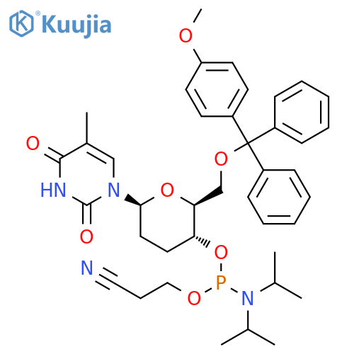 2,4(1H,3H)-Pyrimidinedione, 1-[4-O-[[bis(1-methylethyl)amino](2-cyanoethoxy)phosphino]-2,3-dideoxy-6-O-[(4-methoxyphenyl)diphenylmethyl]-β-L-erythro-hexopyranosyl]-5-methyl- structure