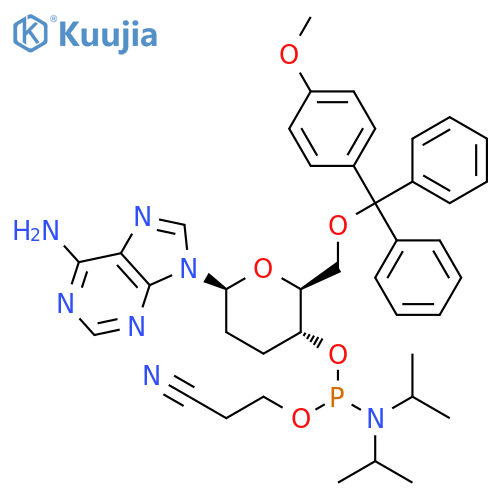 9H-Purin-6-amine, 9-[4-O-[[bis(1-methylethyl)amino](2-cyanoethoxy)phosphino]-2,3-dideoxy-6-O-[(4-methoxyphenyl)diphenylmethyl]-β-L-erythro-hexopyranosyl]- structure