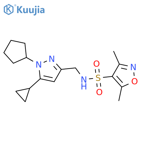 N-(1-cyclopentyl-5-cyclopropyl-1H-pyrazol-3-yl)methyl-3,5-dimethyl-1,2-oxazole-4-sulfonamide structure