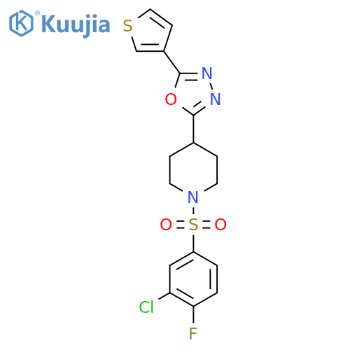 1-(3-chloro-4-fluorobenzenesulfonyl)-4-5-(thiophen-3-yl)-1,3,4-oxadiazol-2-ylpiperidine structure
