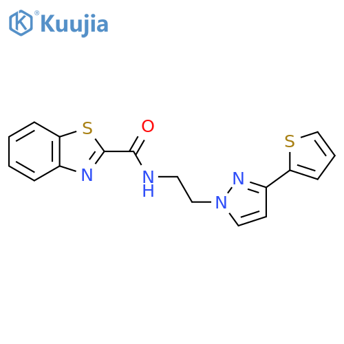 N-{2-3-(thiophen-2-yl)-1H-pyrazol-1-ylethyl}-1,3-benzothiazole-2-carboxamide structure