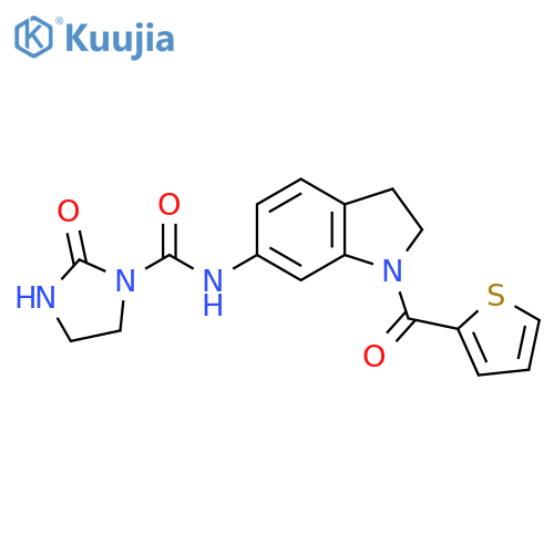 2-oxo-N-1-(thiophene-2-carbonyl)-2,3-dihydro-1H-indol-6-ylimidazolidine-1-carboxamide structure