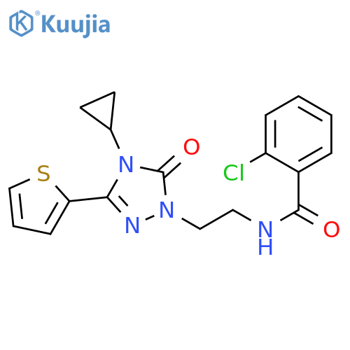 2-chloro-N-{2-4-cyclopropyl-5-oxo-3-(thiophen-2-yl)-4,5-dihydro-1H-1,2,4-triazol-1-ylethyl}benzamide structure