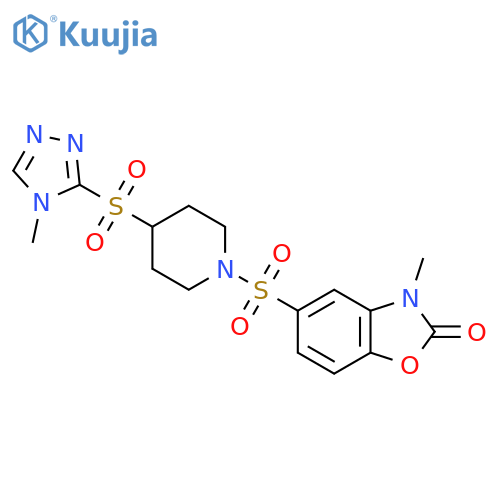3-methyl-5-({4-(4-methyl-4H-1,2,4-triazol-3-yl)sulfonylpiperidin-1-yl}sulfonyl)-2,3-dihydro-1,3-benzoxazol-2-one structure