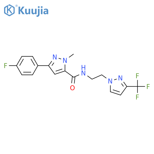 3-(4-fluorophenyl)-1-methyl-N-{2-3-(trifluoromethyl)-1H-pyrazol-1-ylethyl}-1H-pyrazole-5-carboxamide structure