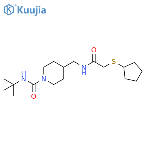 N-tert-butyl-4-{2-(cyclopentylsulfanyl)acetamidomethyl}piperidine-1-carboxamide structure