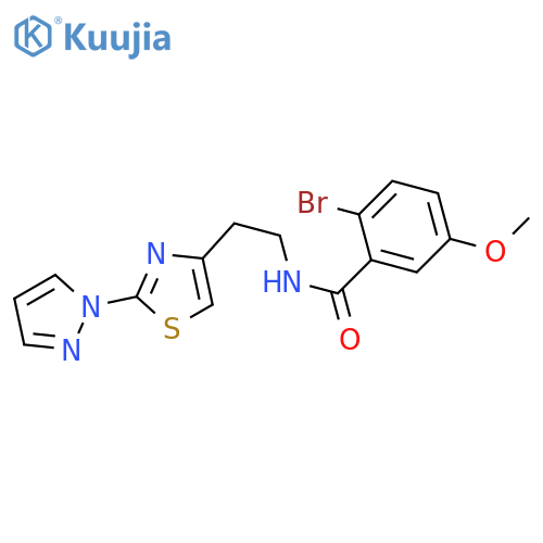 2-bromo-5-methoxy-N-{2-2-(1H-pyrazol-1-yl)-1,3-thiazol-4-ylethyl}benzamide structure