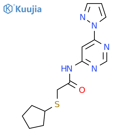 2-(cyclopentylsulfanyl)-N-6-(1H-pyrazol-1-yl)pyrimidin-4-ylacetamide structure