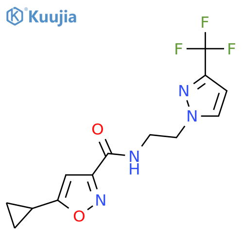 5-cyclopropyl-N-{2-3-(trifluoromethyl)-1H-pyrazol-1-ylethyl}-1,2-oxazole-3-carboxamide structure