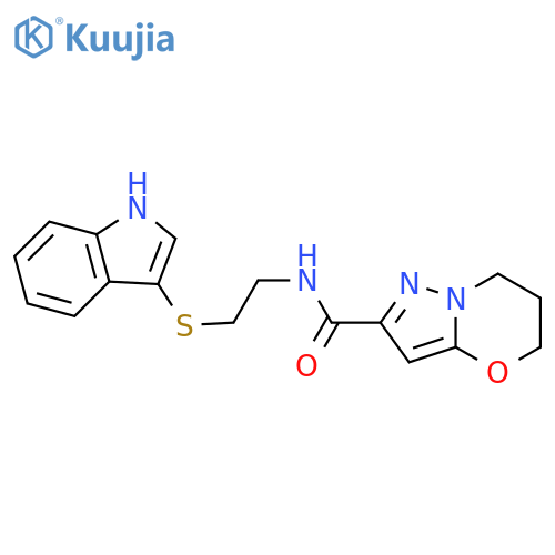 N-[2-(1H-indol-3-ylsulfanyl)ethyl]-5H,6H,7H-pyrazolo[3,2-b][1,3]oxazine-2-carboxamide structure