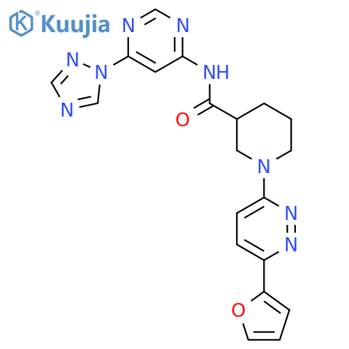 1-6-(furan-2-yl)pyridazin-3-yl-N-6-(1H-1,2,4-triazol-1-yl)pyrimidin-4-ylpiperidine-3-carboxamide structure