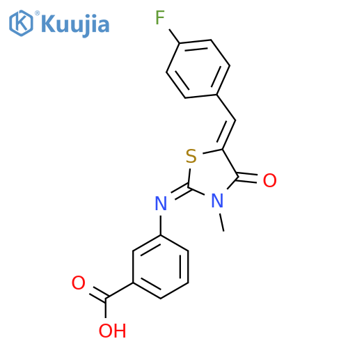 3-{(2Z,5Z)-5-(4-fluorophenyl)methylidene-3-methyl-4-oxo-1,3-thiazolidin-2-ylideneamino}benzoic acid structure