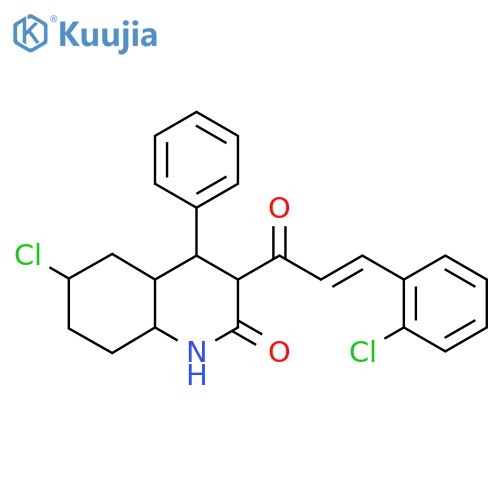 6-chloro-3-(2E)-3-(2-chlorophenyl)prop-2-enoyl-4-phenyl-1,2-dihydroquinolin-2-one structure