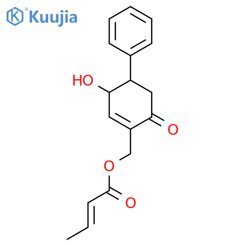 2-Butenoic acid, [(3S,4S)-3-hydroxy-6-oxo-4-phenyl-1-cyclohexen-1-yl]methyl ester, (2E)- structure