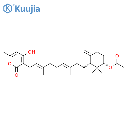 rel-(+)-3-[(2E,6E)-9-[(1R,3S)-3-(acetyloxy)-2,2-dimethyl-6-methylenecyclohexyl]-3,7-dimethyl-2,6-nonadien-1-yl]-4-hydroxy-6-methyl-2H-pyran-2-one structure