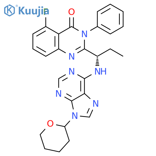 5-fluoro-3-phenyl-2-((1S)-1-((9-(tetrahydro-2H-pyran-2-yl)-9H-purin-6-yl)amino)propyl)quinazolin-4(3H)-one structure