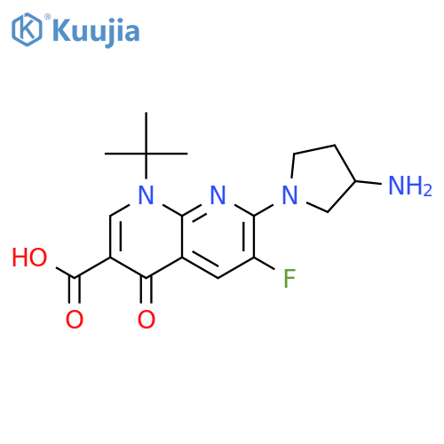 1,8-Naphthyridine-3-carboxylicacid,7-(3-amino-1-pyrrolidinyl)-1-(1,1-dimethylethyl)-6-fluoro-1,4-dihydro-4-oxo-(9CI) structure