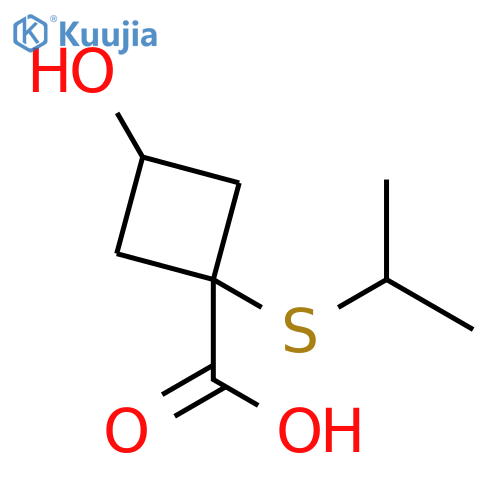 3-hydroxy-1-(propan-2-ylsulfanyl)cyclobutane-1-carboxylic acid structure