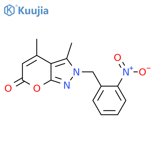 Pyrano[2,3-c]pyrazol-6(2H)-one, 3,4-dimethyl-2-[(2-nitrophenyl)methyl]- structure