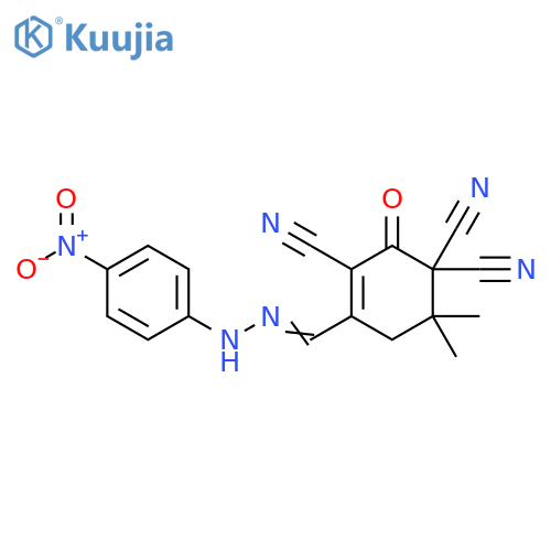 3-Cyclohexene-1,1,3-tricarbonitrile, 6,6-dimethyl-4-[[2-(4-nitrophenyl)hydrazinylidene]methyl]-2-oxo- structure