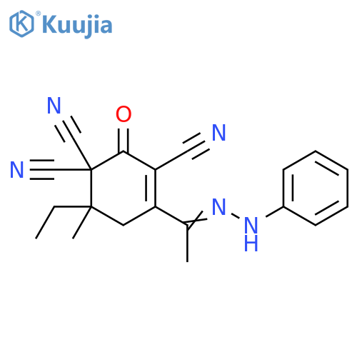 3-Cyclohexene-1,1,3-tricarbonitrile,6-ethyl-6-methyl-2-oxo-4-[1-(phenylhydrazono)ethyl]- structure