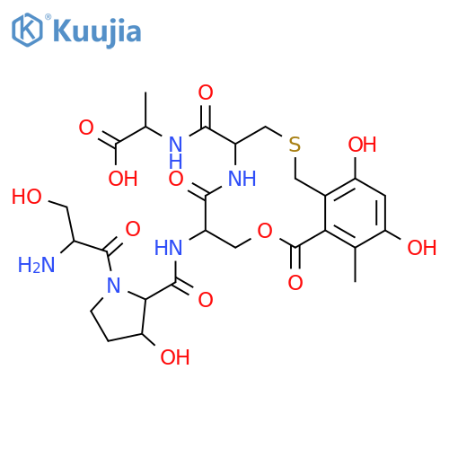 L-Alanine,L-seryl-(3R)-3-hydroxy-L-prolyl-O-[3,5-dihydroxy-2-(mercaptomethyl)-6-methylbenzoyl]-L-seryl-L-cysteinyl-,cyclic (3&reg;4)-thioether (9CI) structure