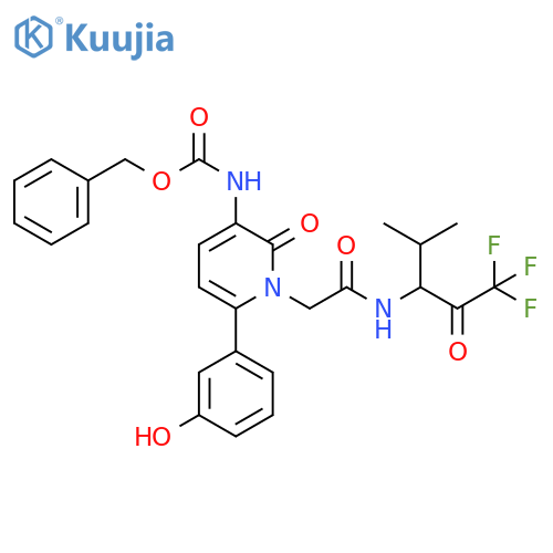 Carbamic acid,[1,2-dihydro-6-(3-hydroxyphenyl)-2-oxo-1-[2-oxo-2-[[3,3,3-trifluoro-1-(1-methylethyl)-2-oxopropyl]amino]ethyl]-3-pyridinyl]-, phenylmethyl ester structure