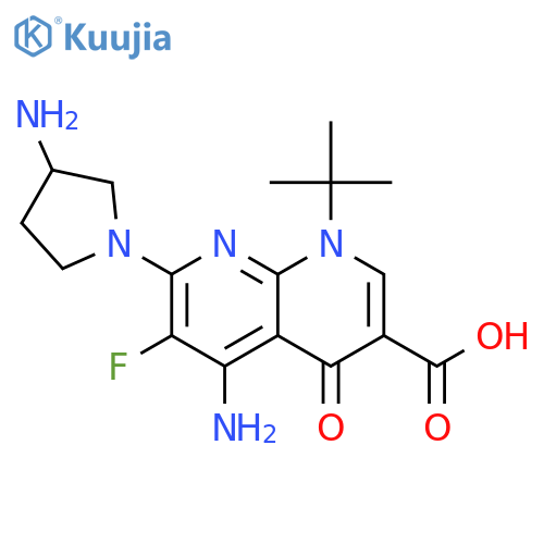 1,8-Naphthyridine-3-carboxylicacid,5-amino-7-[(3S)-3-amino-1-pyrrolidinyl]-1-(1,1-dimethylethyl)-6-fluoro-1,4-dihydro-4-oxo- structure