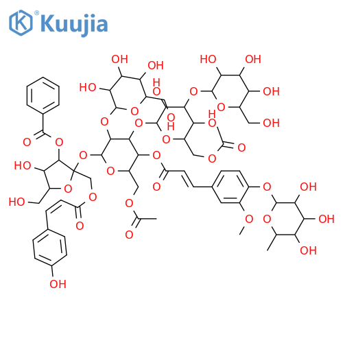 α-D-Glucopyranoside, 3-O-benzoyl-1-O-[(2E)-3-(4-hydroxyphenyl)-1-oxo-2-propen-1-yl]-β-D-fructofuranosyl O-β-D-glucopyranosyl-(1→3)-O-6-O-acetyl-β-D-glucopyranosyl-(1→3)-O-[β-D-glucopyranosyl-(1→2)]-, 6-acetate 4-[(2E)-3-[4-[(6-deoxy-α-L-mannopyranosyl)oxy]-3-methoxyphenyl]-2-propenoate] structure