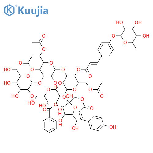 α-D-Glucopyranoside, 3-O-benzoyl-1-O-[(2E)-3-(4-hydroxyphenyl)-1-oxo-2-propen-1-yl]-β-D-fructofuranosyl O-β-D-glucopyranosyl-(1→3)-O-4,6-di-O-acetyl-β-D-glucopyranosyl-(1→3)-O-[β-D-glucopyranosyl-(1→2)]-, 6-acetate 4-[(2E)-3-[4-[(6-deoxy-α-L-mannopyranosyl)oxy]phenyl]-2-propenoate] structure