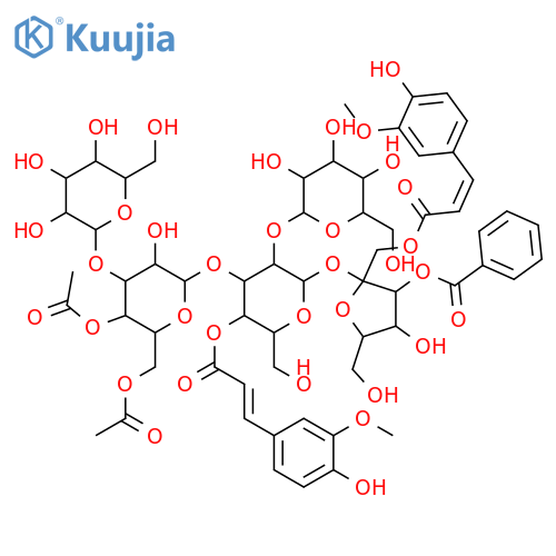 α-D-Glucopyranoside, 3-O-benzoyl-1-O-[(2E)-3-(4-hydroxy-3-methoxyphenyl)-1-oxo-2-propen-1-yl]-β-D-fructofuranosyl O-β-D-glucopyranosyl-(1→2)-O-[O-β-D-glucopyranosyl-(1→3)-4,6-di-O-acetyl-β-D-glucopyranosyl-(1→3)]-, 4-[(2E)-3-(4-hydroxy-3-methoxyphenyl)-2-propenoate] structure