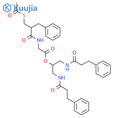 Glycine, N-(2-((acetylthio)methyl)-1-oxo-3-phenylpropyl)-, 2-((1-oxo-3 -phenylpropyl)amino)-1-(((1-oxo-3-phenylpropyl)amino)methyl)ethyl este r, (+-)- structure