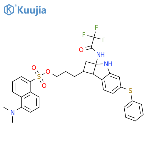1-Naphthalenesulfonic acid, 5-(dimethylamino)-, 3-[(1R,2aS,7bR)-2,2a,3,7b-tetrahydro-5-(phenylthio)-2a-[(2,2,2-trifluoroacetyl)amino]-1H-cyclobut[b]indol-1-yl]propyl ester, rel- structure