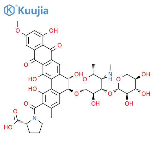 D-Proline,1-[[5-[[4,6-dideoxy-4-(methylamino)-3-O-b-D-xylopyranosyl-b-D-galactopyranosyl]oxy]-5,6,8,13-tetrahydro-1,6,9,14-tetrahydroxy-11-methoxy-3-methyl-8,13-dioxobenzo[a]naphthacen-2-yl]carbonyl]-,(5S-trans)- (9CI) structure