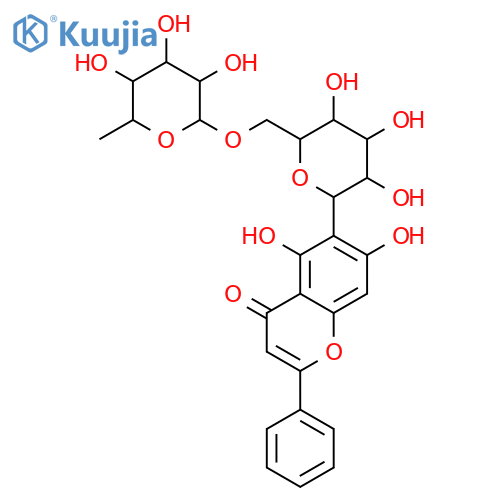 5,7-dihydroxy-2-phenyl-6-[ (2S,3R,4R,5S,6R)-tetrahydro-3,4,5-trihydroxy-6-({[(2R,3R,4R,5R,6S)-3,4,5-trihydroxy-6-methyltetrahydro-2H-pyran-2-yl]oxy}methyl)-2H-pyran-2-yl]-4H-chromen-4-one structure