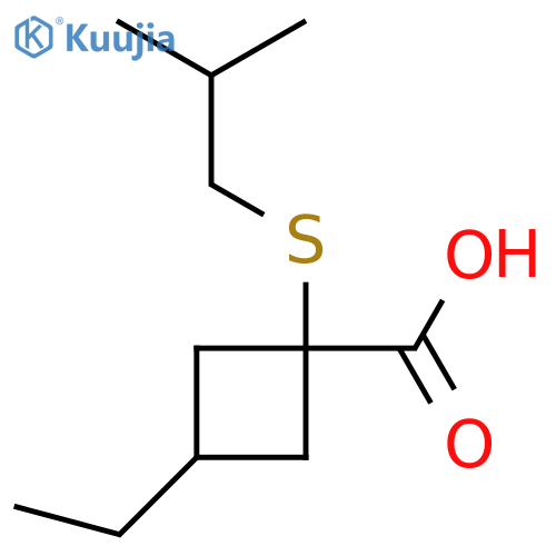 3-ethyl-1-(2-methylpropyl)sulfanylcyclobutane-1-carboxylic acid structure