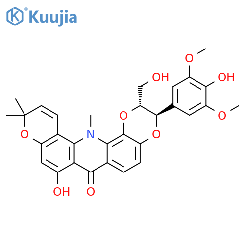 7H-1,4-Dioxino[2,3-c]pyrano[3,2-h]acridin-7-one,2,3,11,14-tetrahydro-8-hydroxy-3-(4-hydroxy-3,5-dimethoxyphenyl)-2-(hydroxymethyl)-11,11,14-trimethyl-,(2R,3R)-rel- structure