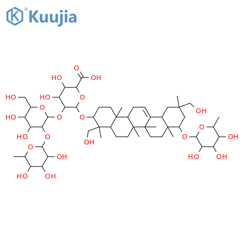 β-D-Glucopyranosiduronic acid, (3β,4β,20α,22β)-22-[(6-deoxy-α-L-mannopyranosyl)oxy]-23,29-dihydroxyolean-12-en-3-yl O-6-deoxy-α-L-mannopyranosyl-(1→2)-O-β-D-galactopyranosyl-(1→2)- (9CI) structure
