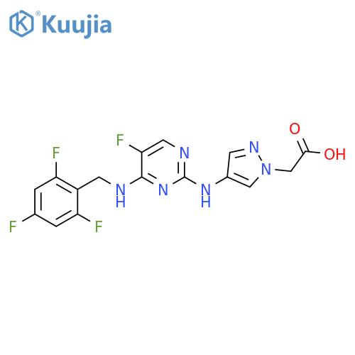 2-{4-(5-fluoro-4-{(2,4,6-trifluorophenyl)methylimino}-1,4-dihydropyrimidin-2-yl)amino-1H-pyrazol-1-yl}acetic acid structure