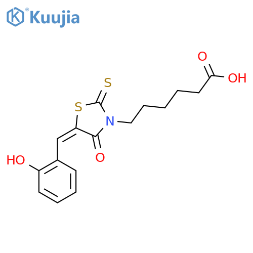 6-(5E)-5-(2-hydroxyphenyl)methylidene-4-oxo-2-sulfanylidene-1,3-thiazolidin-3-ylhexanoic acid structure