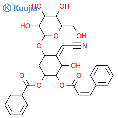 2-Propenoic acid,3-phenyl-, (1R,2S,3Z,4R,6S)-6-(benzoyloxy)-3-(cyanomethylene)-4-(b-D-glucopyranosyloxy)-2-hydroxycyclohexylester, (2E)- (9CI) structure
