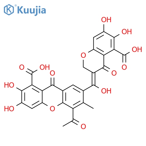 9H-Xanthene-1-carboxylicacid,5-acetyl-7-[(5-carboxy-6,7-dihydroxy-4-oxo-2H-1-benzopyran-3(4H)-ylidene)hydroxymethyl]-2,3-dihydroxy-6-methyl-9-oxo- structure