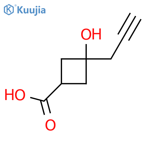 3-hydroxy-3-(prop-2-yn-1-yl)cyclobutane-1-carboxylic acid structure