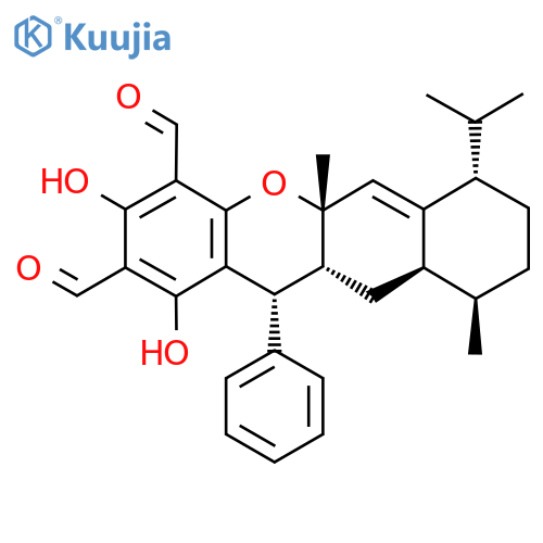 (5As,7S,10R,10aR,11aR,12R)-1,3-dihydroxy-5a,10-dimethyl-12-phenyl-7-propan-2-yl-7,8,9,10,10a,11,11a,12-octahydrobenzo[b]xanthene-2,4-dicarbaldehyde structure